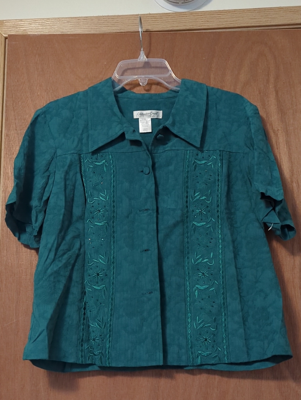 Coldwater Creek Teal Short-Sleeve Embroidered Button-Down Shirt